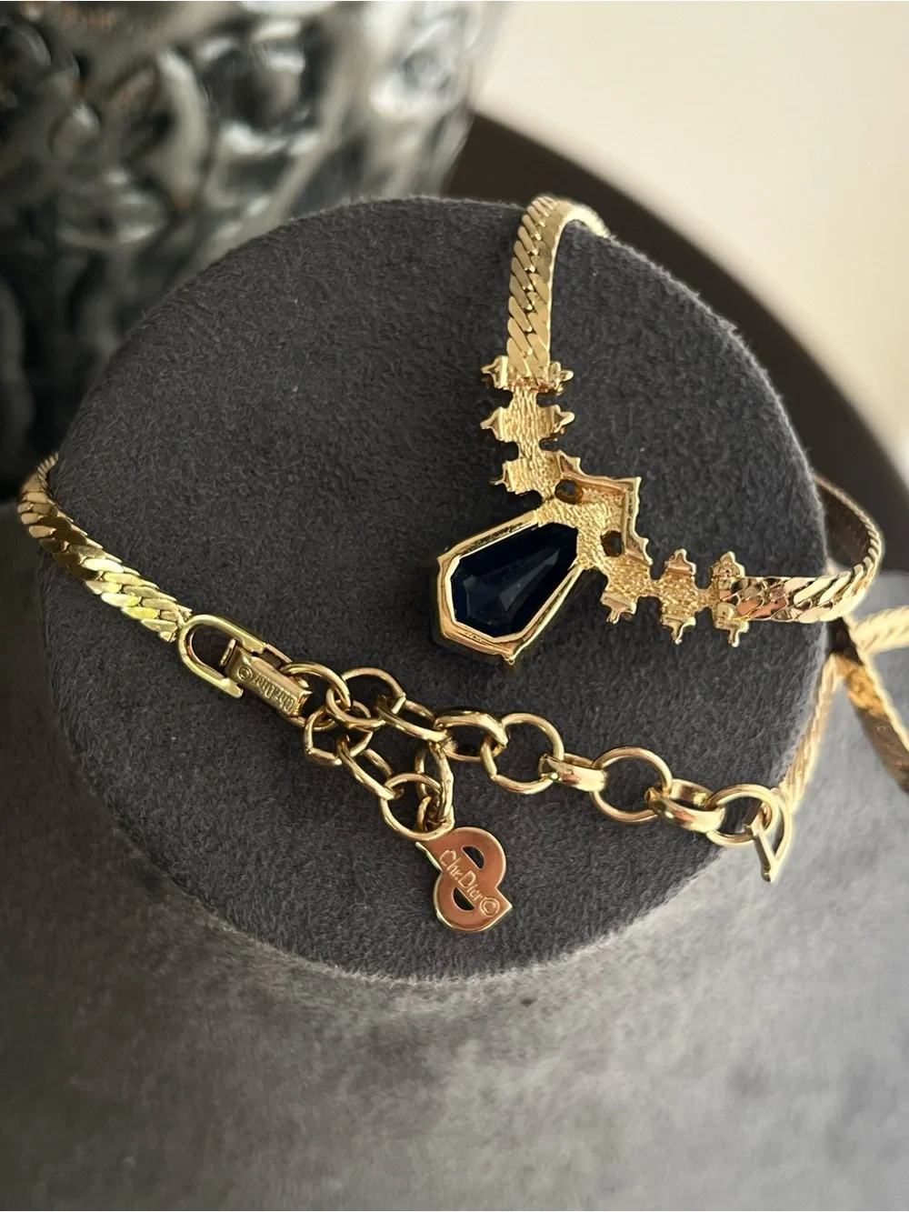 Authentic Vintage Dior Teardrop Blue Glass Stone Gold Herringbone Chain Necklace